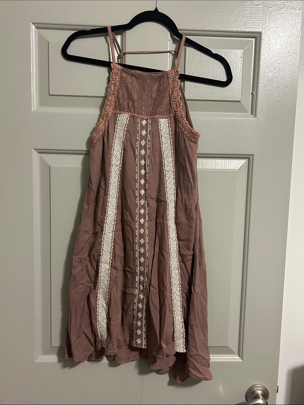 Mauve Crochet-Trim Halter Mini Dress